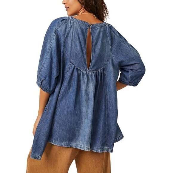 Free People Memories of You Chambray Tunic Top Indigo Boho Size XS - Picture 3 of 9